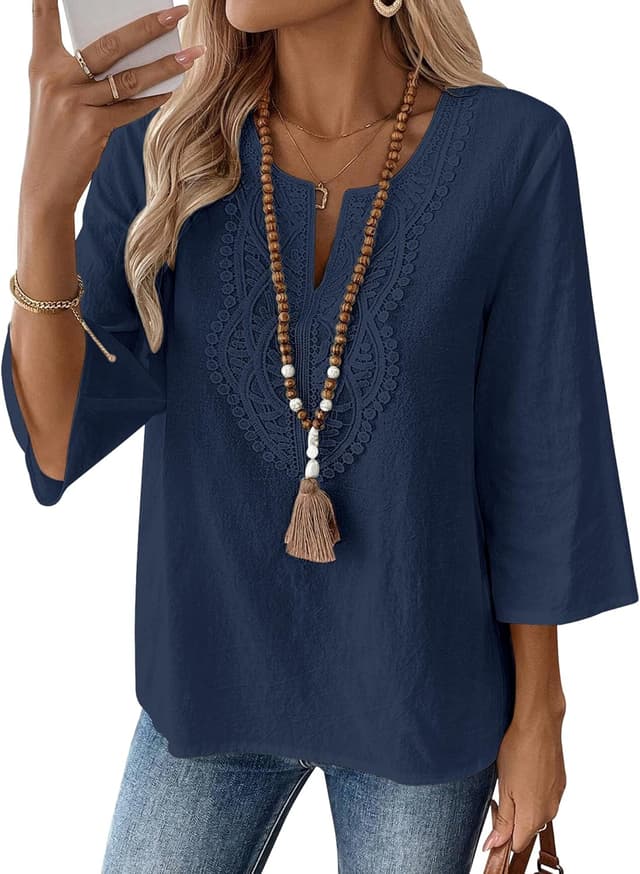 Detalle de Rapbin Damen-Bluse mit 3/4-Ärmeln, V-Ausschnitt und Baumwoll-Leinen-Mix mit Crinkle-Optik