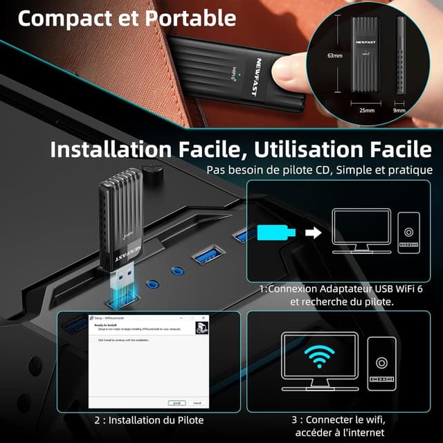 Detalle de NEWFAST Clé WiFi 6 AX3000 (USB 3.0) double bande 5 GHz, MU-MIMO, WPA3 et pilote intégré