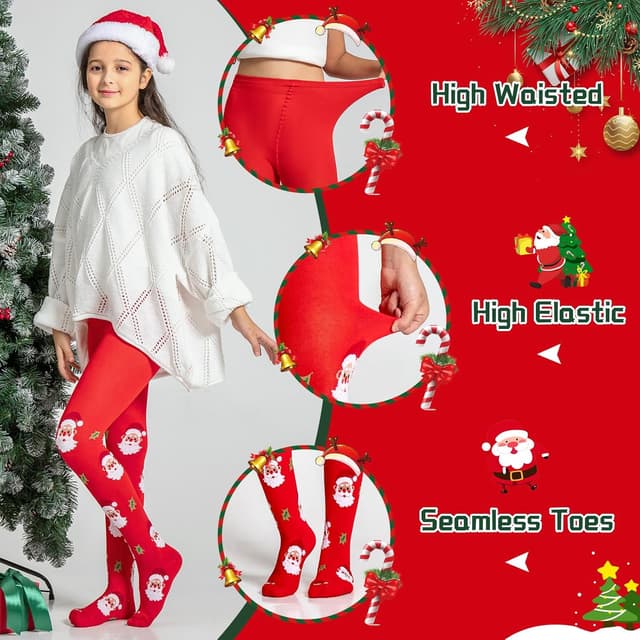 Detalle de Yilanmy Weihnachts-Strumpfhose für Mädchen (2er-Pack), rot mit Weihnachtsmotiven