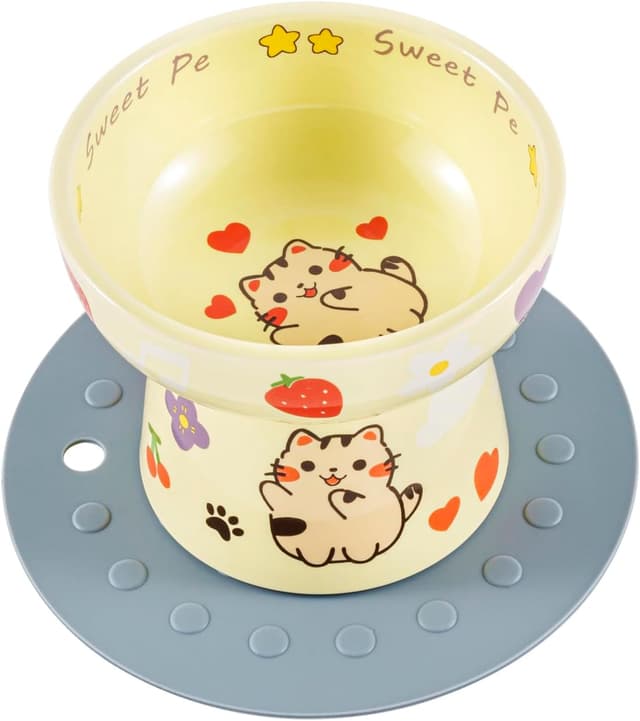 Detalle de 4.8 inch ceramic elevated cat bowl with anti-slip pad (Yellow) — raised, shallow design with stand