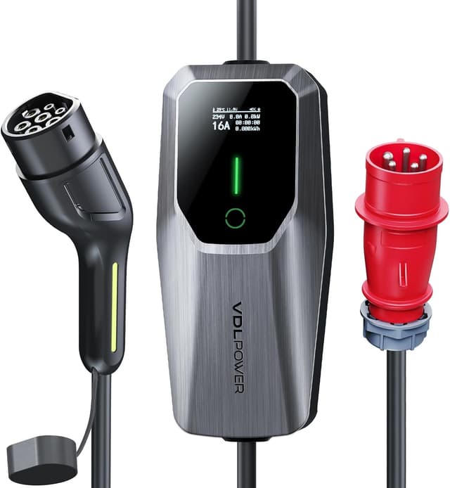 Detalle de VDLPOWEREU caricatore EV portatile 11 kW con presa trifase Tipo 2 (5 pin), cavo 5 metri regolabile 6-16A