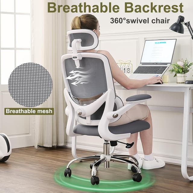 Detalle 2 de TONFARY Ergonomic Office Chair (High Back Mesh) with Adjustable Lumbar, Flip-Up Arms & Removable Headrest – White + Grey