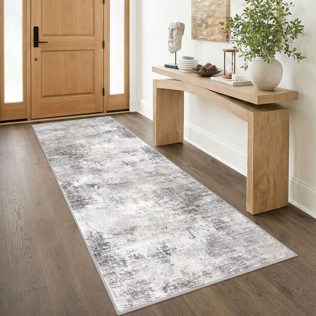 Detalle de IOHOUZE Abstract Runner Rug, 3x8 Ft Washable Non-Slip Hallway & Kitchen Runner (Grey Beige)