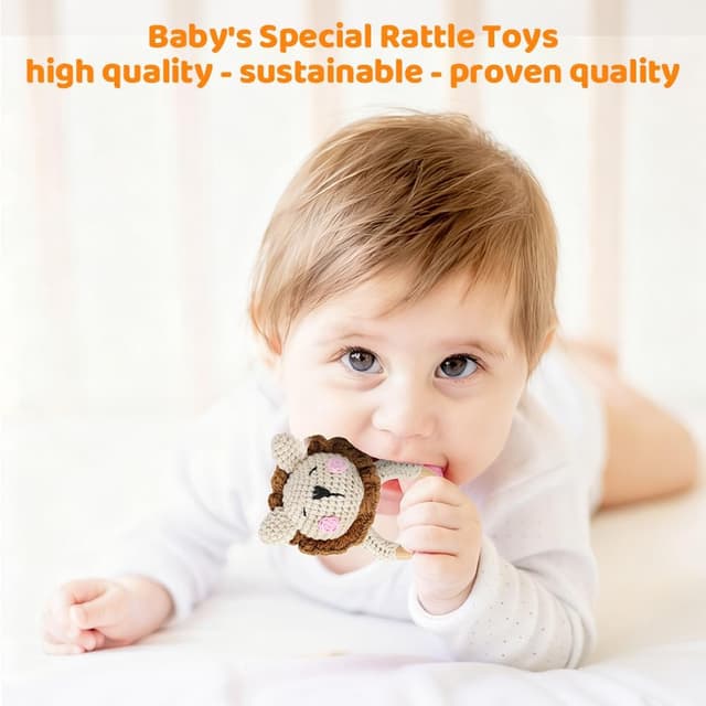 Detalle 2 de Vicloon Hochet bébé en bois d’animal au crochet avec anneau en bois (Lion)