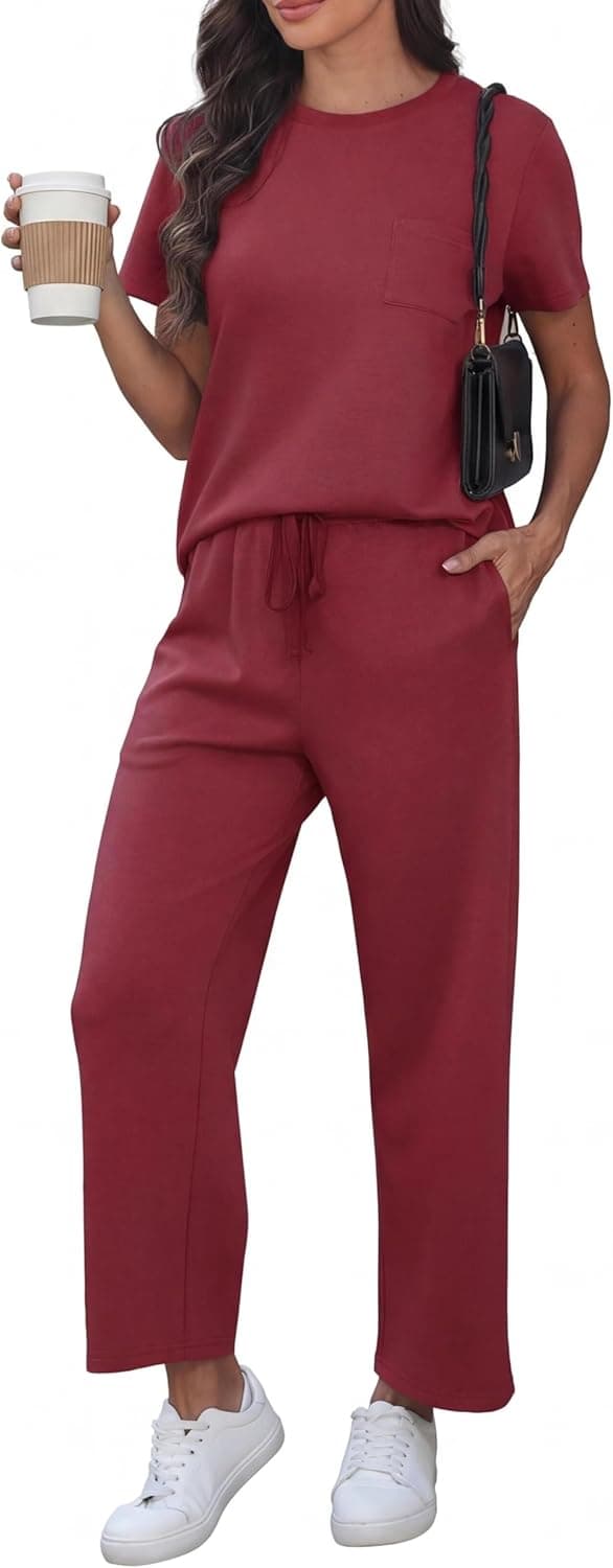 Detalle de GRECERELLE Airport Two Piece Travel Outfit Set for Women – breathable stretchy co-ord top and pocket joggers