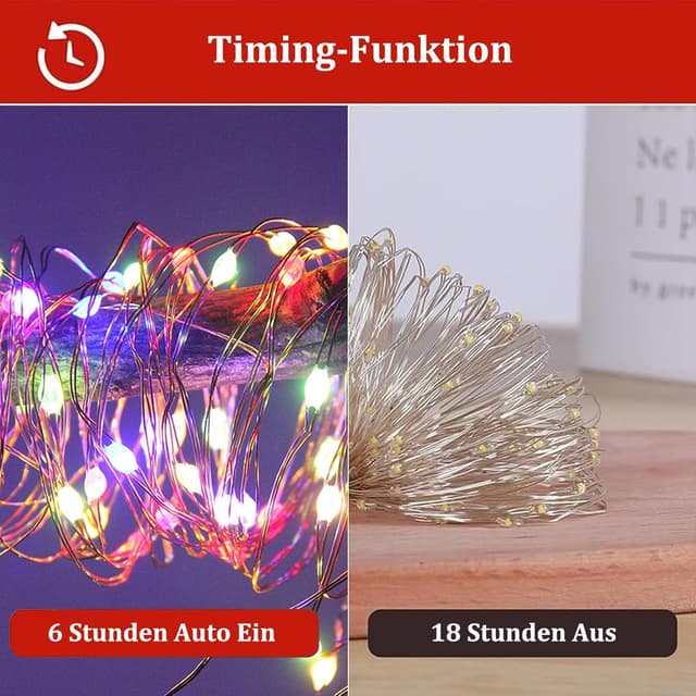 Detalle de Kaleora 6er LED-Lichterkette Batterie mit Timer (2 m, 20 bunte LEDs) – Kupferdraht für innen und abgedeckte Deko