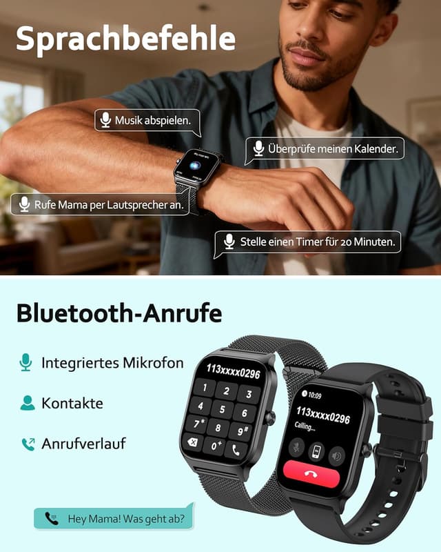 Detalle 2 de Popglory Smartwatch P125 mit Telefonfunktion – Gesundheitsmonitor, 1,85" HD-Display & Fitnessuhr