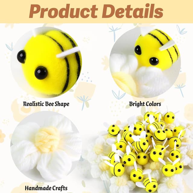 Detalle de YunJoyous Filz-Bienen Deko-Set (50 Stück) mit Häkelblumen – für DIY Girlanden, Haarclips & Partydeko
