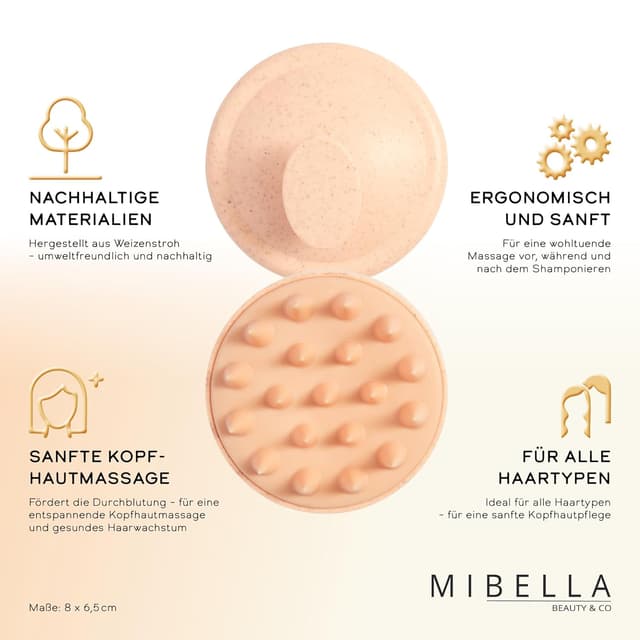 Detalle 2 de MIBELLA BEAUTY & CO Kopfhaut-Massagebürste aus Weizenstroh – sanfte Scalp Massage gegen Schuppen