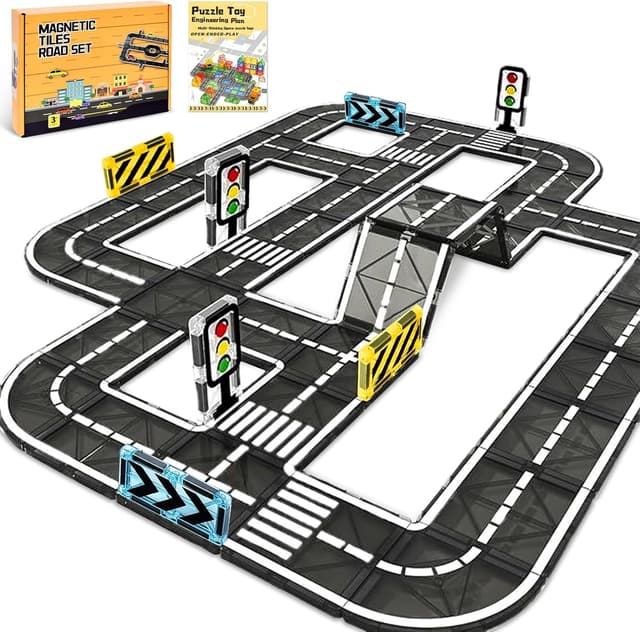 Detalle de BuzzoXerex Construction magnétique Routes – 50 pièces de tuiles magnétiques pour créer des parcours routiers