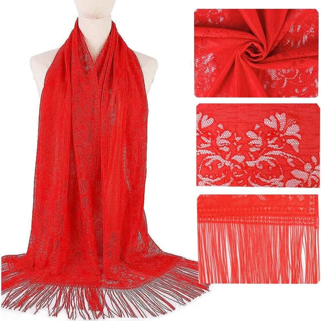 Detalle 2 de RY-EARL femme écharpe en dentelle crochet avec franges 185 × 65 cm (avec gland) pour cérémonies