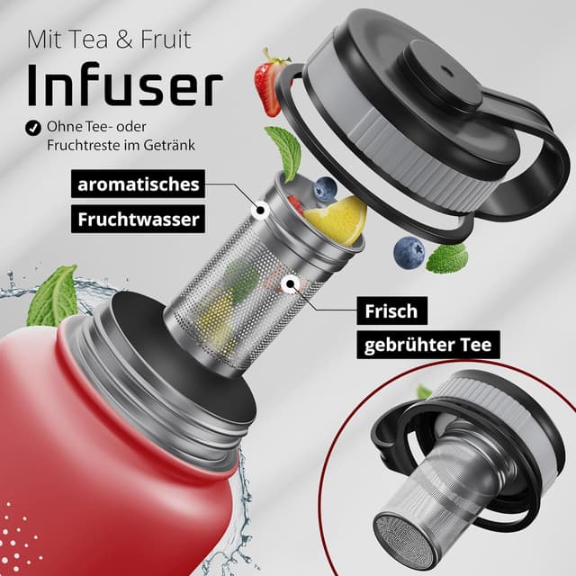 Detalle de ACTIVE FLASK Trinkflasche aus Edelstahl mit Strohhalm-Verschluss (3 Deckel), BPA-frei, auslaufsicher