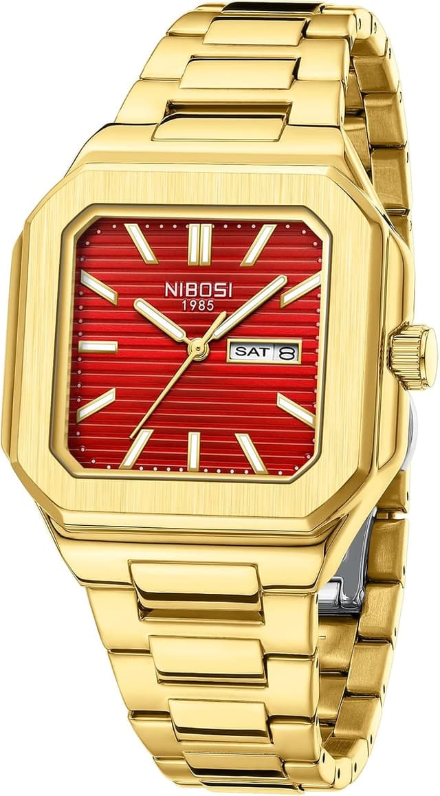 Detalle de NIBOSI orologio da uomo analogico al quarzo in acciaio inox quadrato, impermeabile 3ATM