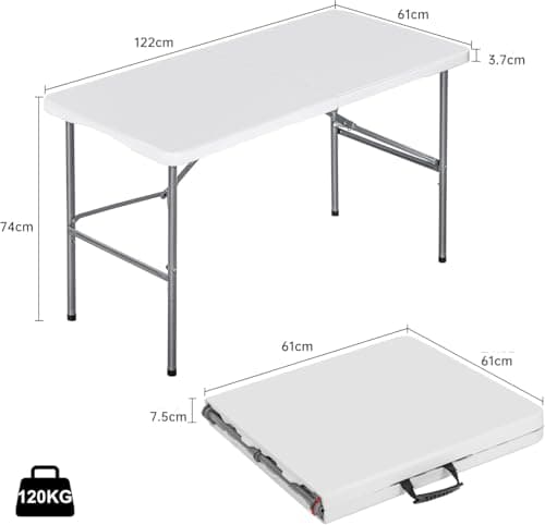 Detalle de Mesa plegable de camping T-LOVENDO.ES rectangular auxiliar 122x61 cm (hasta 120 kg), blanca