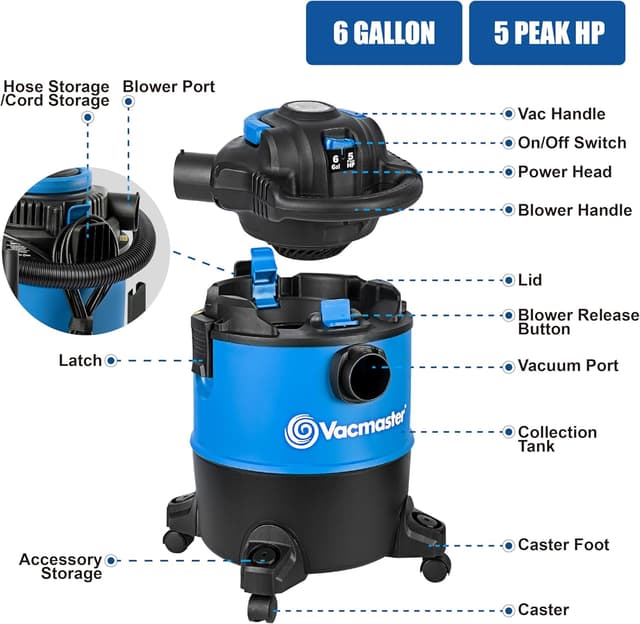 Detalle de Vacmaster VBVB1223PF aspirapolvere secco e bagnato 1200 W da 23 L con soffiatore estraibile