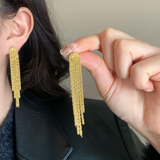 Detalle de Meteorstarry Ohrringe Silber 925/Gold – lange Quasten-Ohrhänger mit Kette und glänzender Oberfläche