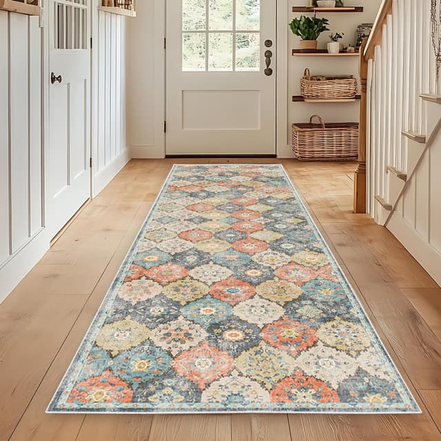 Detalle de WTHYGB Teppich Läufer für Flur & Küche (80x300 cm) – rutschfest, waschbar, Blumen/Boho
