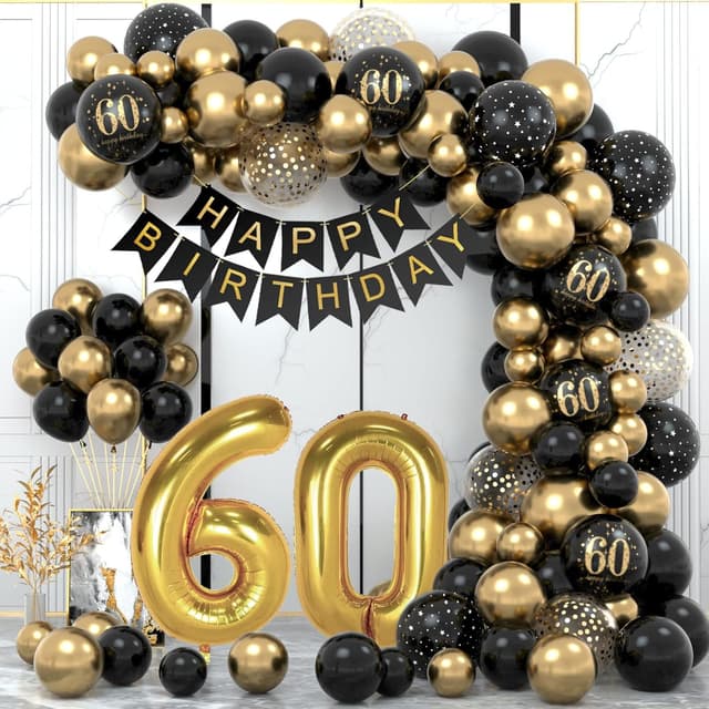 Detalle de Schwarz-Gold 60 Geburtstag Deko mit Happy Birthday Banner & Luftballons – Set für Mann & Frau