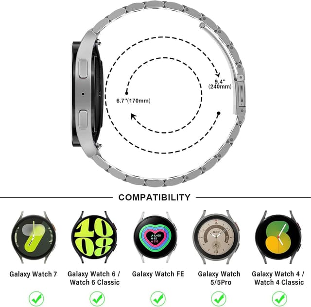 Detalle de Anlinser No Gap Bands Stainless Steel 20mm Metal Strap for Samsung Galaxy Watch 7/6/5/4 Series (Silver-Black)