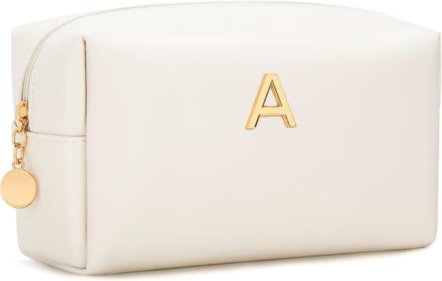 Detalle de CLOUDWINGS Personalized Initial Makeup Bag (Beige) – PU Leather Waterproof Travel Toiletry Bag for Bridesmaids