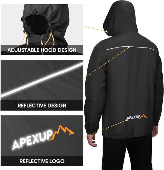 Detalle de APEXUP Packable Men’s Rain Jacket with Reflective Zipper — Lightweight Waterproof & Windproof
