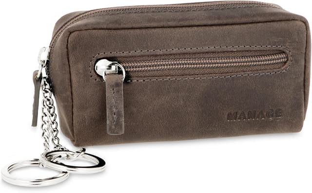 Detalle de Manage XXL Schlüsselmäppchen mit 2 separaten Reißverschlussfächern aus echtem Leder – kompaktes Schlüsseletui für Auto- und Schlüsselbund