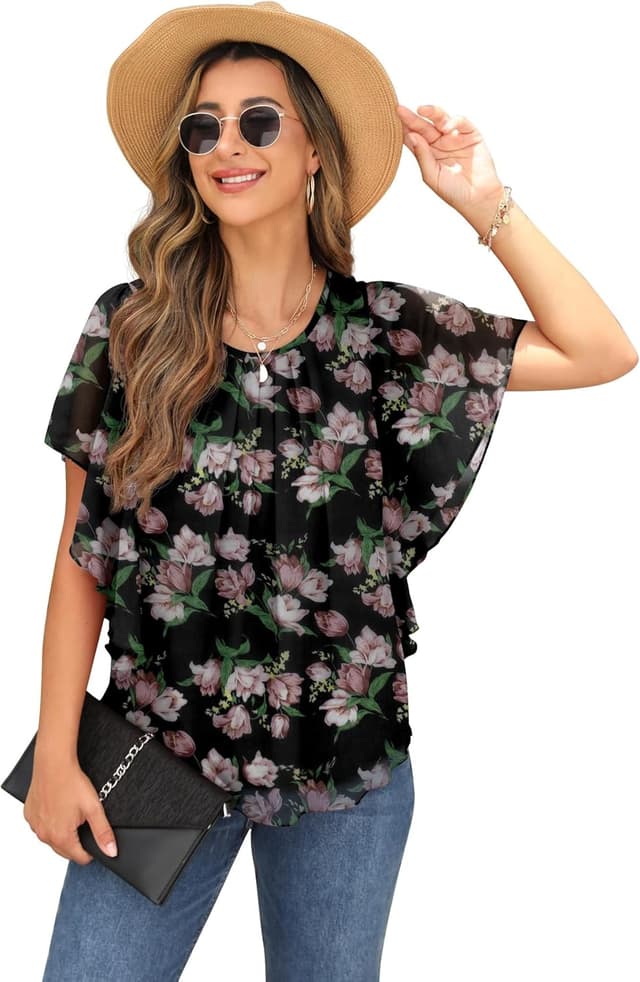 Detalle de QIXING Chiffon Bluse kurzarm für Damen