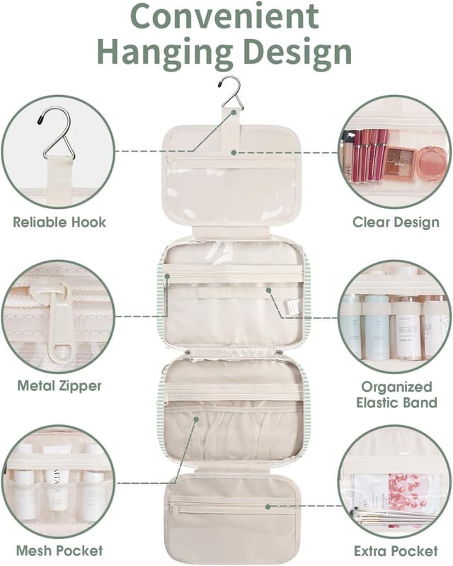 Detalle de Narwey Hanging Travel Toiletry Bag (Mint Green Stripe) – Medium organiser with 4 compartments