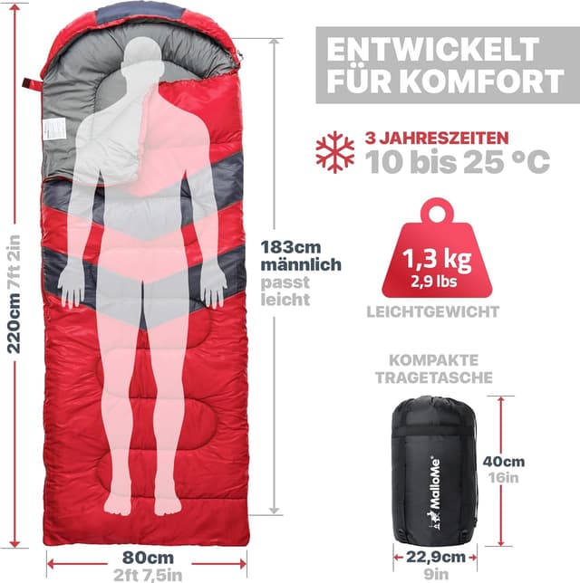 Detalle de MalloMe Schlafsack Outdoor für Erwachsene und Kinder – Winter, leicht & wasserdichtes Deckenschlafsack-Design