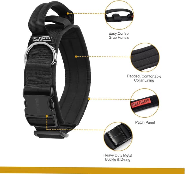 Detalle de OneTigris Tactical Dog Collar with Handle (Large, Black) – adjustable nylon military-style collar for training