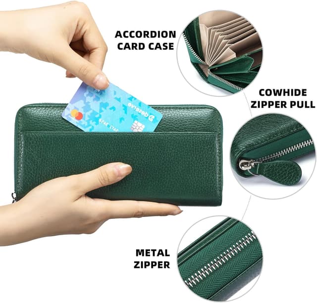 Detalle de SCHLATUM RFID Blocking Women’s Zipper Wallet in Green-dark – Large Capacity Leather Billfold Clutch