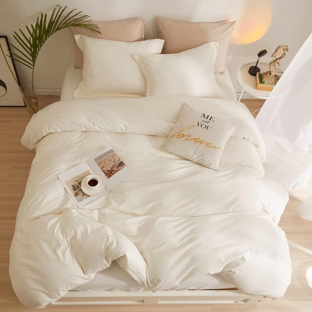 Detalle de Cream White King Duvet Cover Set (104"x90") with Zipper Closure & 2 Pillowcases, Soft Washed Microfiber Ivory Boho Bedding Set