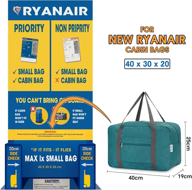 Detalle de Teal 20L Foldable Underseat Travel Duffel Bag (40x30x20cm) for Ryanair cabin bags