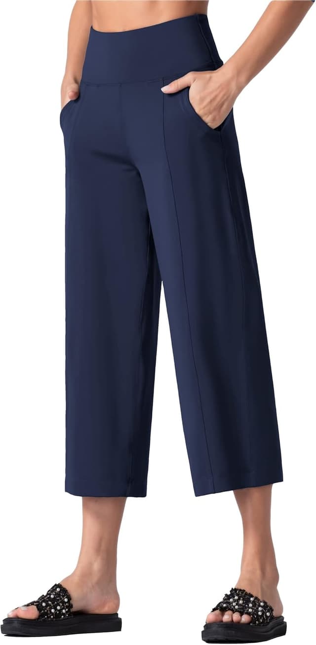 Detalle de THE GYM PEOPLE Women’s Yoga Capris 3/4 Wide-Leg Trousers with Pockets & Tummy Control