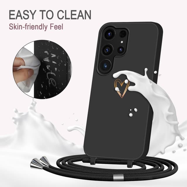 Detalle de Eherui Handyband-Hülle für Samsung Galaxy S25 Ultra mit abnehmbarer Kordel – Goldherz-Design (Liquid Silikon Case), schwarz