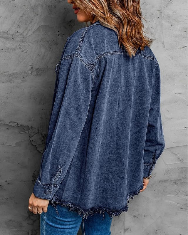 Thumbnail 1 de Vetinee Women’s Oversized Button-Up Frayed Hem Shacket Denim Jacket