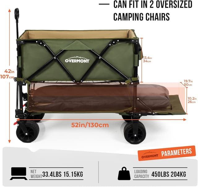 Detalle de OVERMONT 400L Folding Double Decker Wagon – all-terrain detachable wheels, 200kg capacity