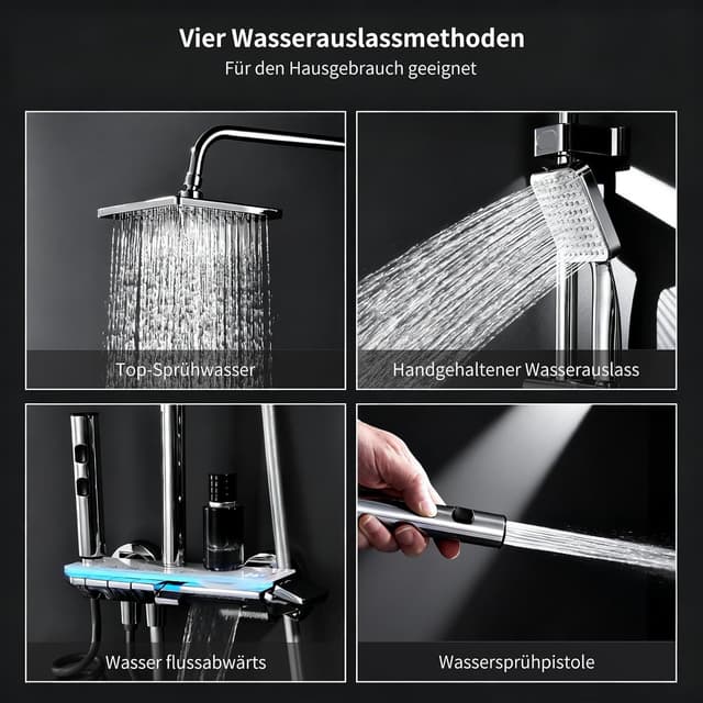 Detalle de HOMELODY Duscharmatur Komplettset mit Regendusche, Glasablage und Klaviertasten (4 Strahlarten)