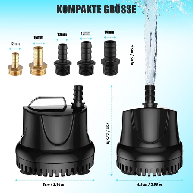 Detalle 2 de Lnicez Maximale Mini Wasserpumpe 25 W mit bis zu 1.500 L/h Förderleistung (Tauchpumpe, Schwarz)