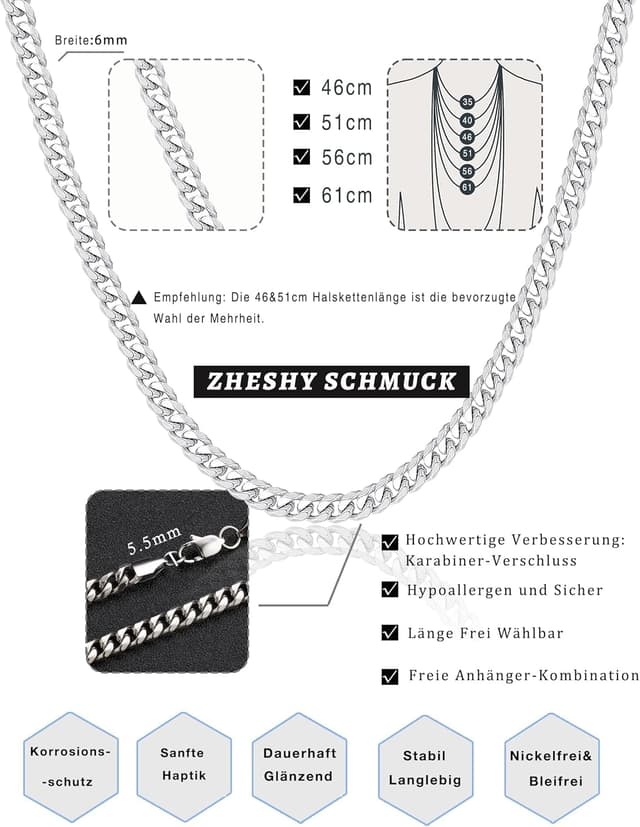 Detalle de ZHESHY Herren-Halskette aus 316L-Edelstahl (Panzer-/Kubanische Kette), silber/goldfarben, wasserglänzend, mehrere Längen
