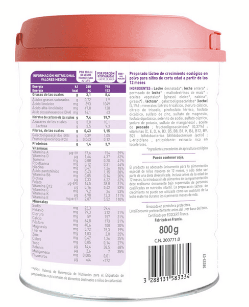 Detalle 2 de Babybio Optima 3 - Leche de Vaca Crecimiento 3x800g 🐄