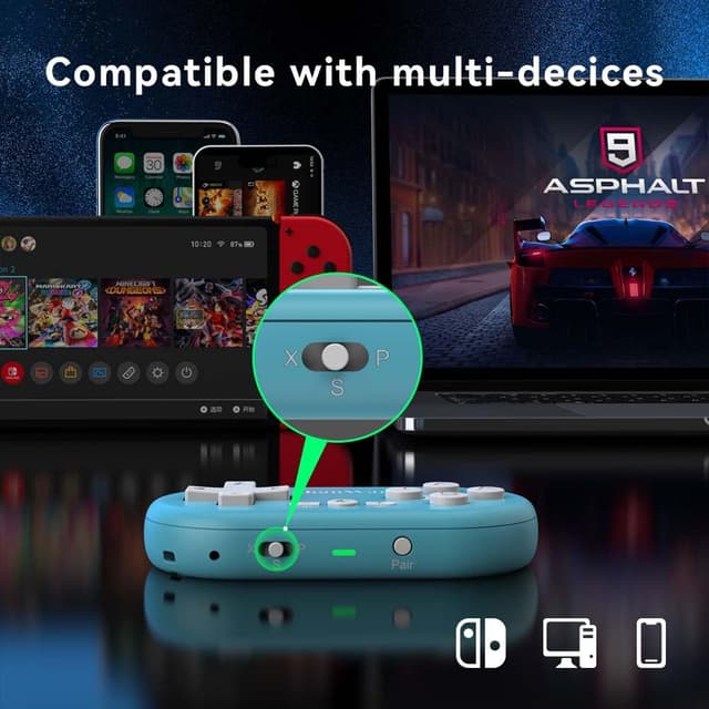 Detalle 1 de ShanWan Bluetooth-Gamepad Mini-Wireless-Controller (für Switch, Windows, Android, iOS & PS4) – Blau