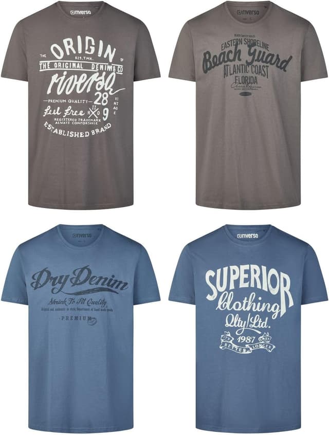 Detalle de riverso Herren T‑Shirt Regular Fit RIVLeon im 4er Set – Baumwolle mit Rundhals und Brust-Print
