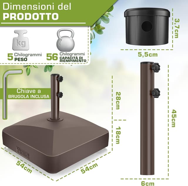 Detalle 2 de tillvex Base per ombrellone GRAVIA con ruote e freni, zavorra riempibile 37L/56kg (marrone), per pali Ø 1,8–3,7 m