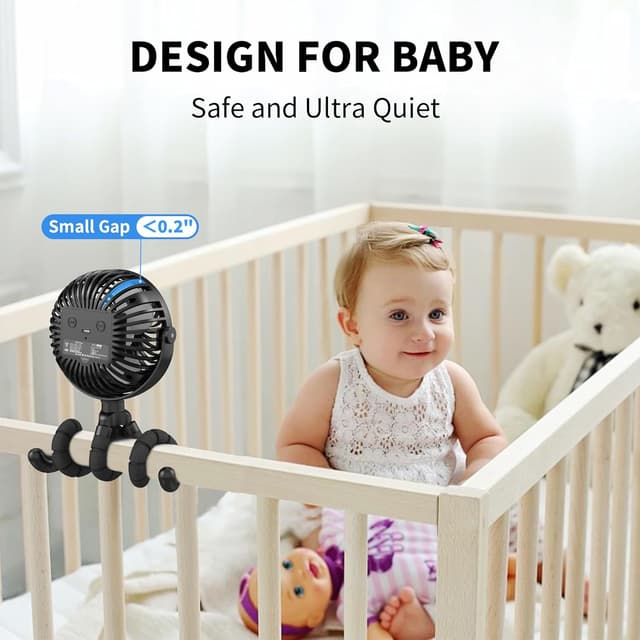 Detalle de AMACOOL Pram Fan (Battery Operated) Clip-On with Flexible Tripod, 3 Speeds & Rotatable Head – Black