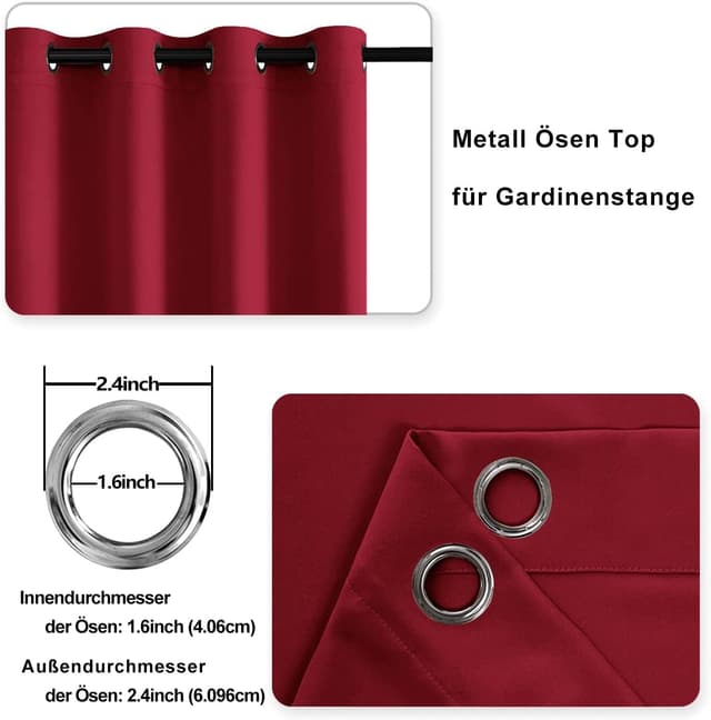 Detalle de DWCN Rideaux occultants thermiques anti-froid avec œillets, rouge (lot de 2), 132x137 cm