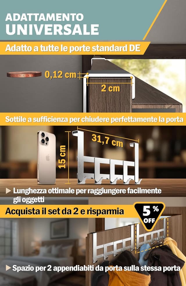 Detalle de Menz appendiabiti per porta regolabile con 5 ganci in acciaio inox