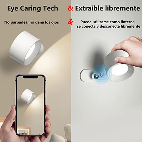 Detalle de Coollamp lámpara de pared LED recargable con control táctil y rotación 360° (blanco)