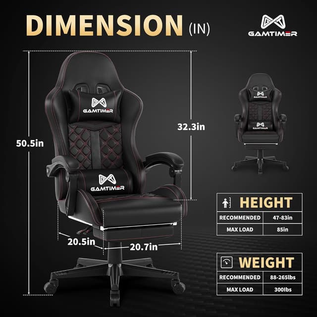 Detalle de Gamtimer Gaming Chair (400 lbs) with Footrest, Lumbar Support, and High-Back Recline (Black)