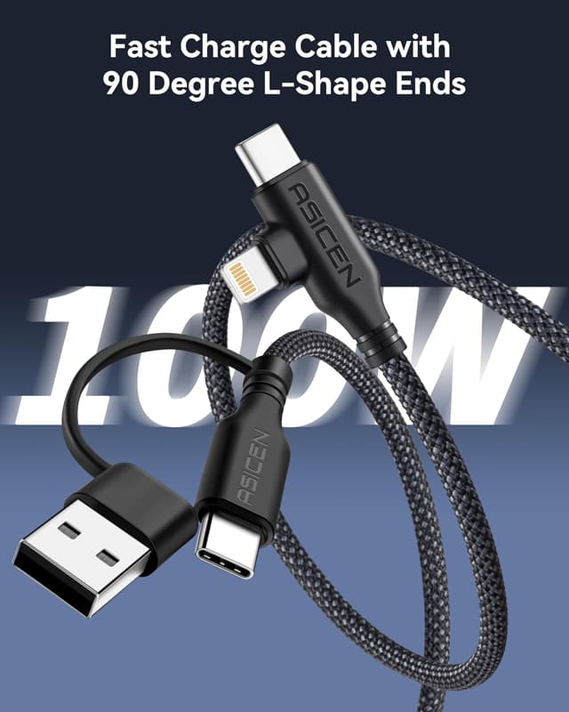 Detalle 2 de ASICEN 100W PD 2-in-2 Multi Charging Cable (6ft) — Braided USB-C to 90° Lightning with USB-A/C to C options